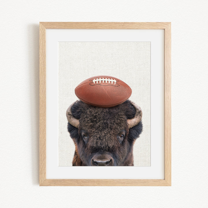 A framed image of a buffalo with a football resting on its head.