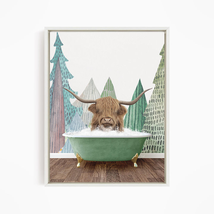 A Highland cow with large horns is sitting in a green bathtub, surrounded by a forest scene with trees and a snowy landscape.