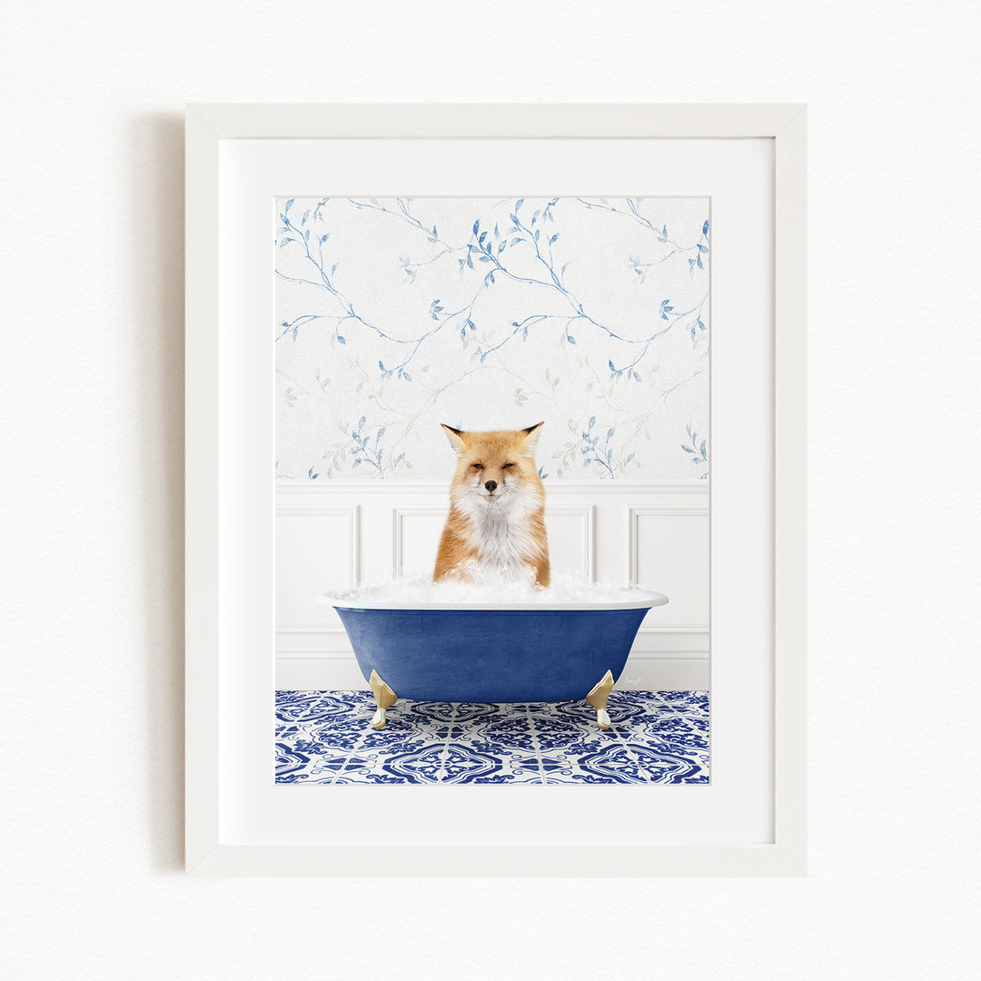 A red fox sitting in a blue bathtub, with a patterned tile floor and a floral wallpaper in the background.