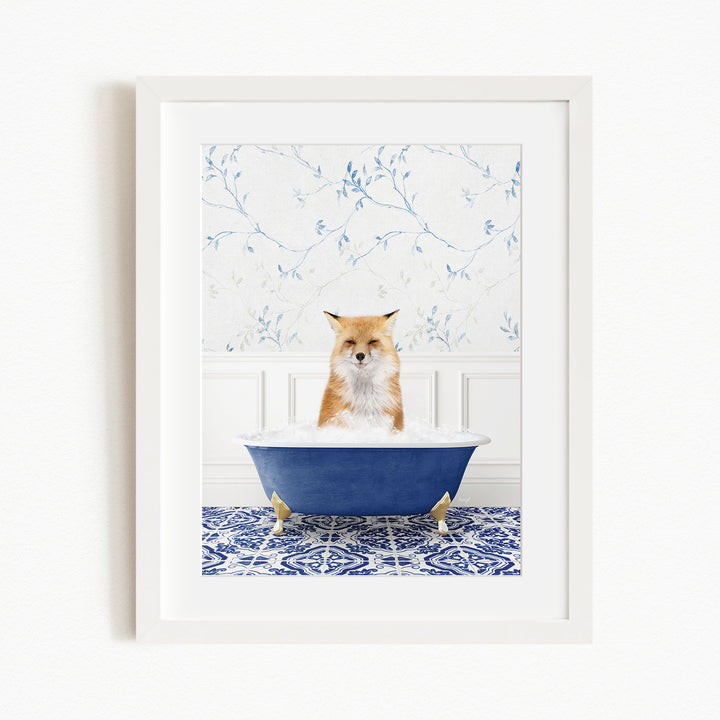 A red fox sitting in a blue bathtub, with a patterned tile floor and a floral wallpaper in the background.