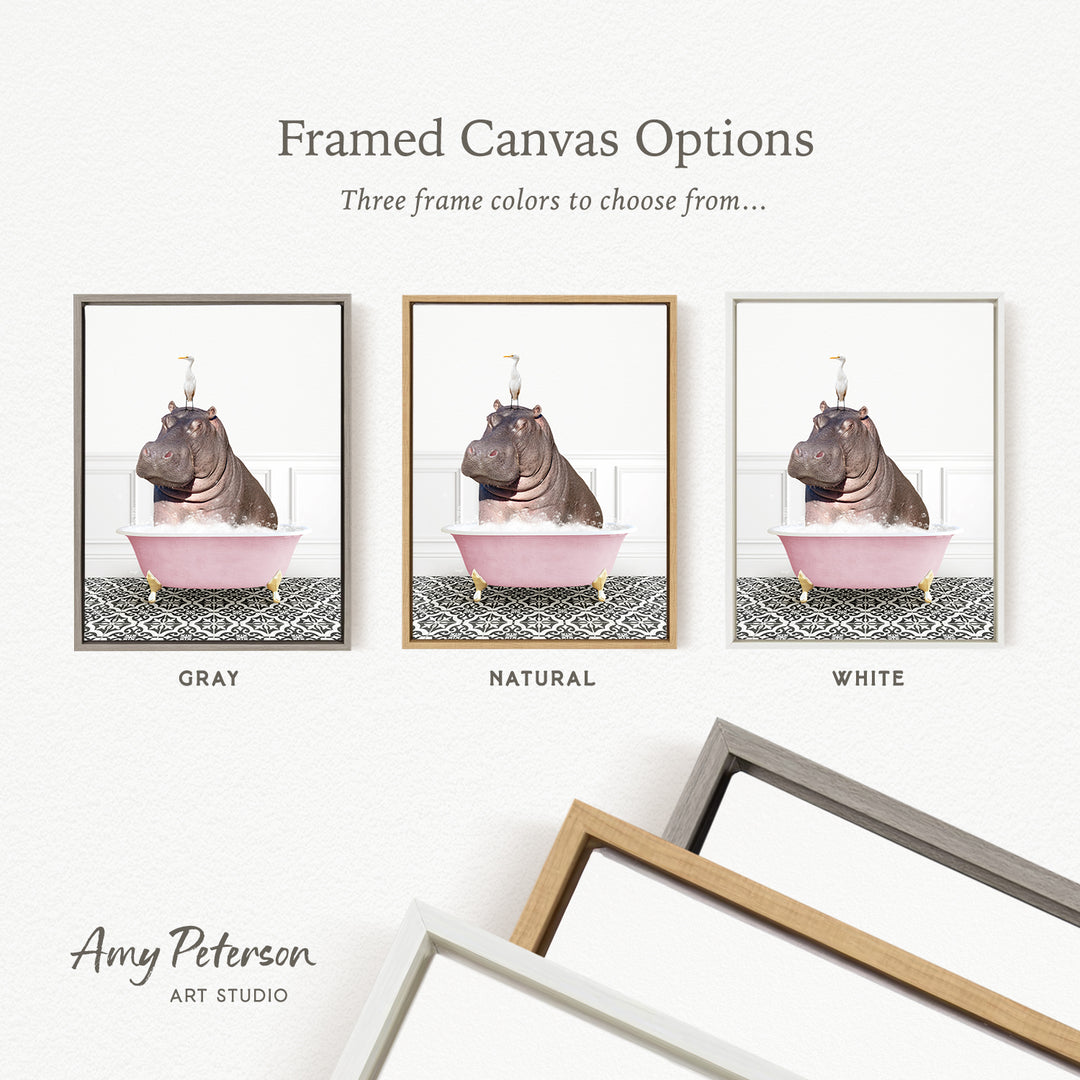 three framed canvas options featuring a hippopotamus in a bathtub, each with a different frame color: gray, natural, and white.