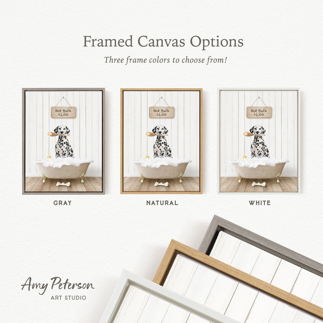 three framed canvas options, each featuring a different color and frame style. The options include a gray frame, a natural frame, and a white frame. The text above the options reads " Framed Canvas Options" and "Three frame colors to choose from!".