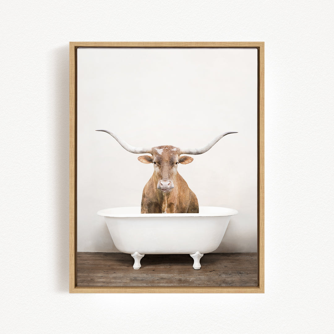 A brown cow with large horns is sitting in a white bathtub against a plain white wall.
