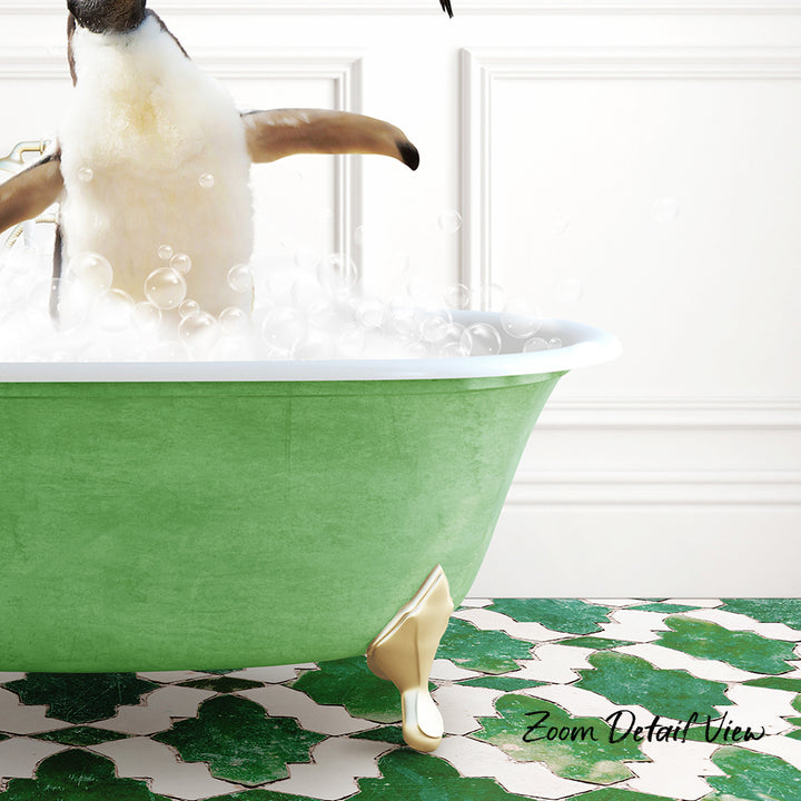 A penguin standing in a green bathtub filled with bubbles, with a patterned tile floor in the background.