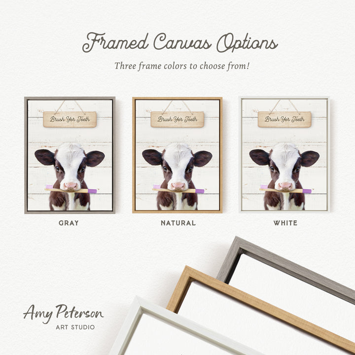 three framed canvas options featuring a cow with a toothbrush in its mouth. The options include a gray, a natural, and a white frame.
