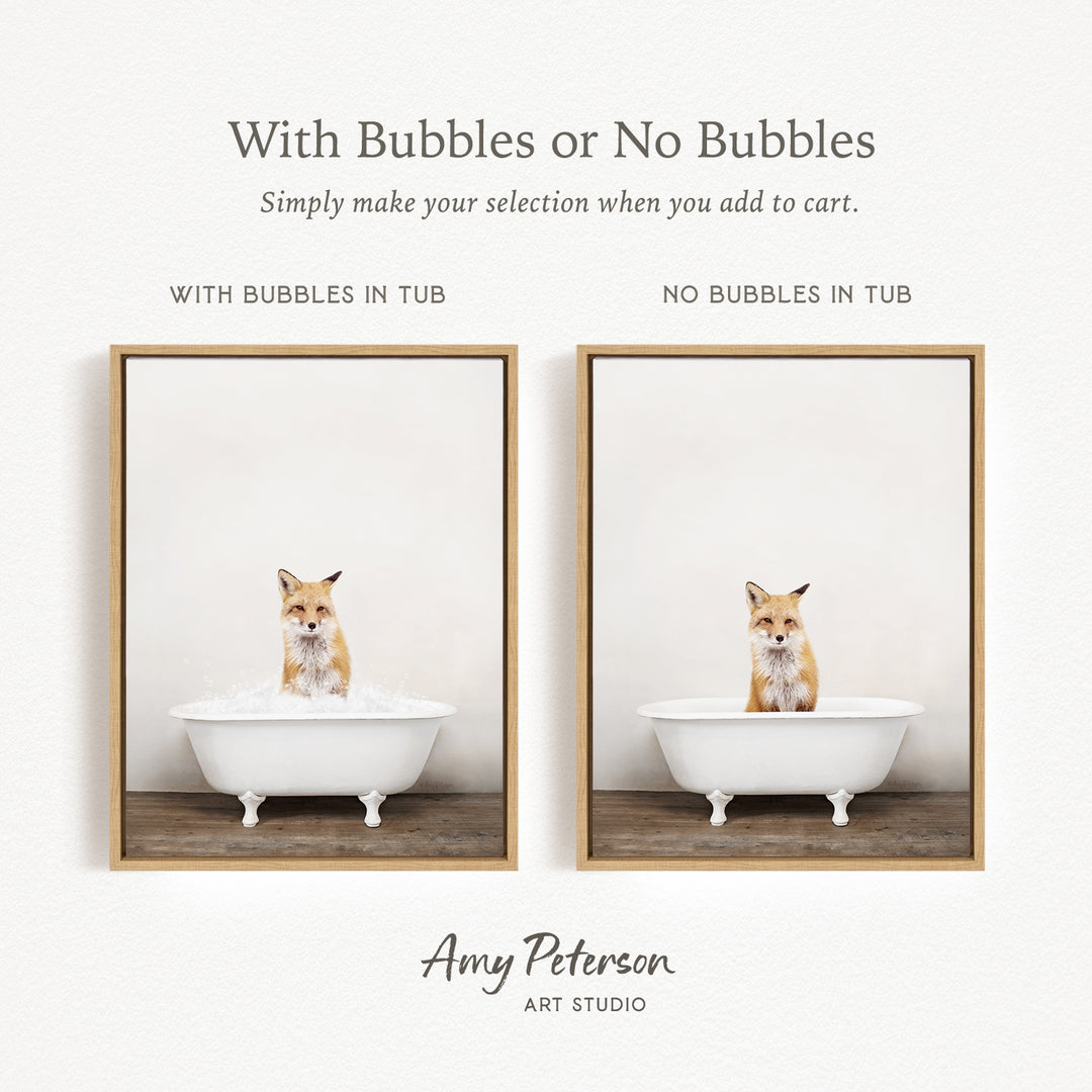 The image is a collage of two pictures featuring a cat sitting in a bathtub. The cat appears to be enjoying the bath, surrounded by bubbles. The text above the images reads "With Bubbles or No Bubbles" and below the images, it says "Simply make your selection when you add to cart."