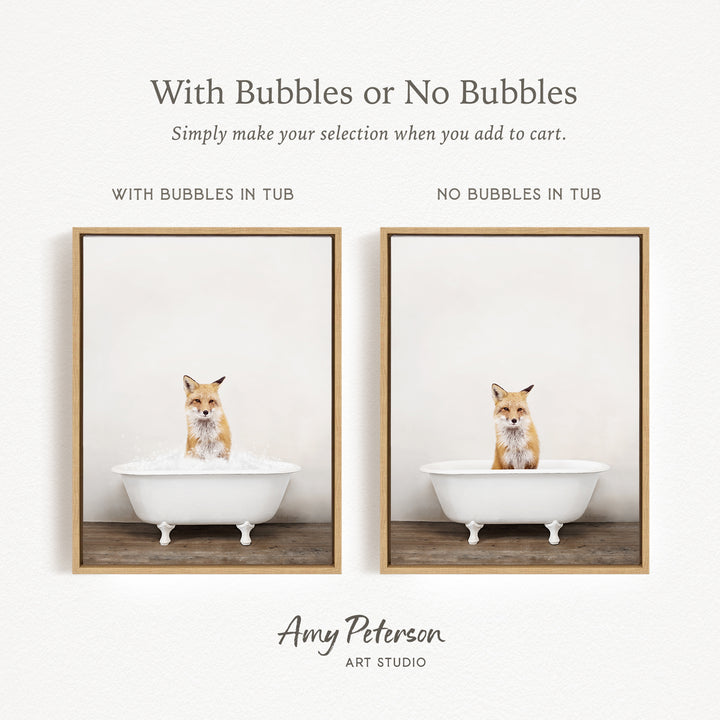 The image is a collage of two pictures featuring a cat sitting in a bathtub. The cat appears to be enjoying the bath, surrounded by bubbles. The text above the images reads "With Bubbles or No Bubbles" and below the images, it says "Simply make your selection when you add to cart."