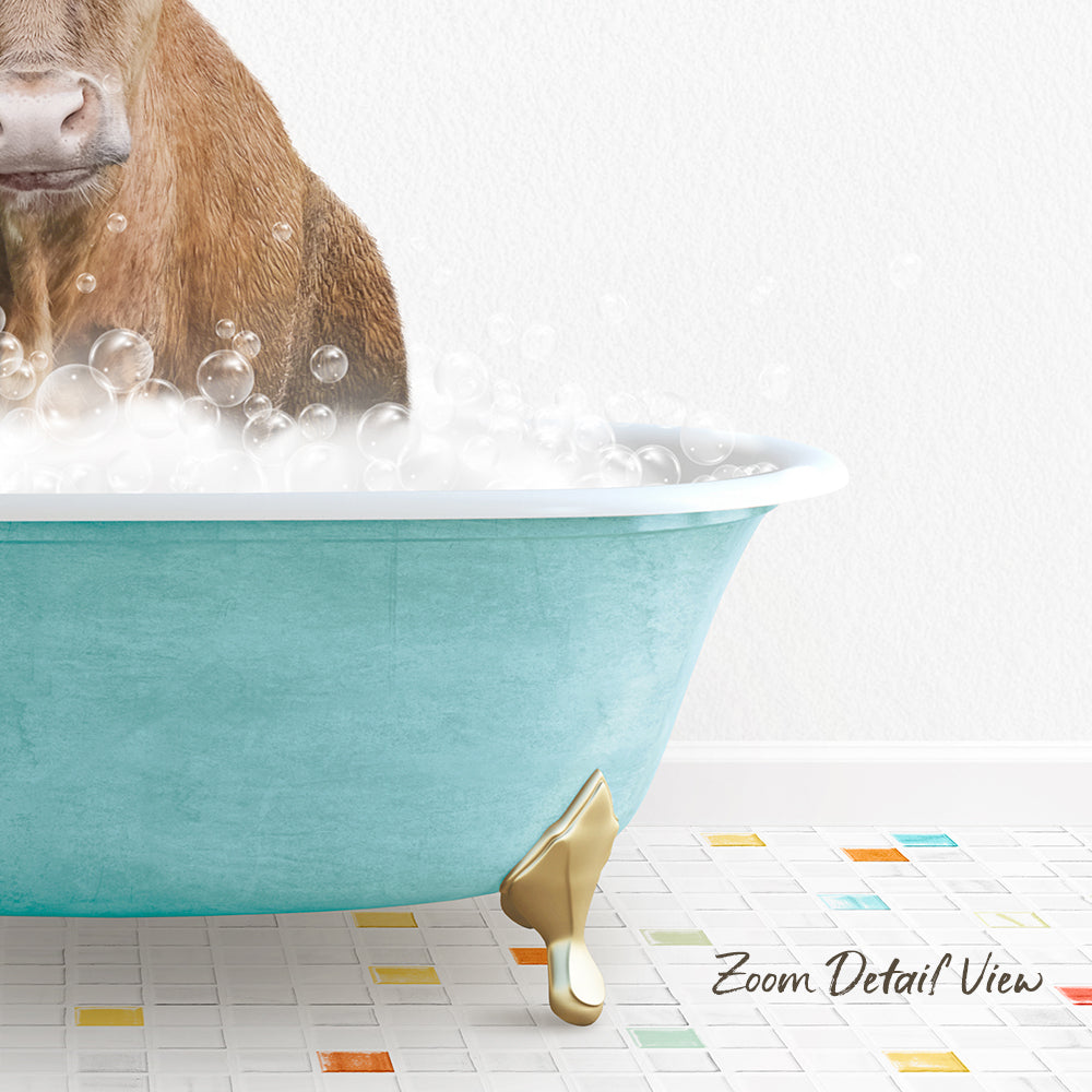 A brown dog is sitting in a blue bathtub filled with bubbles, with a white wall and colorful tiles in the background.