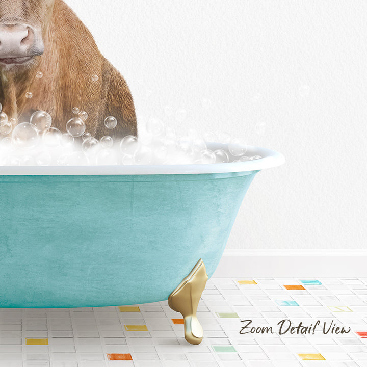 A brown dog is sitting in a blue bathtub filled with bubbles, with a white wall and colorful tiles in the background.