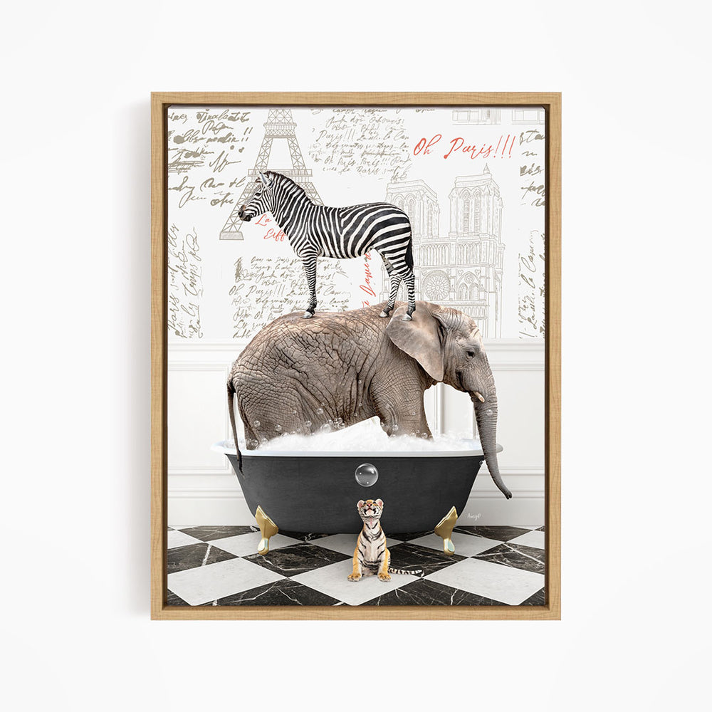 A zebra standing on an elephant's back, with a small tiger sitting in a bathtub in the foreground, all set against a backdrop of the Eiffel Tower.