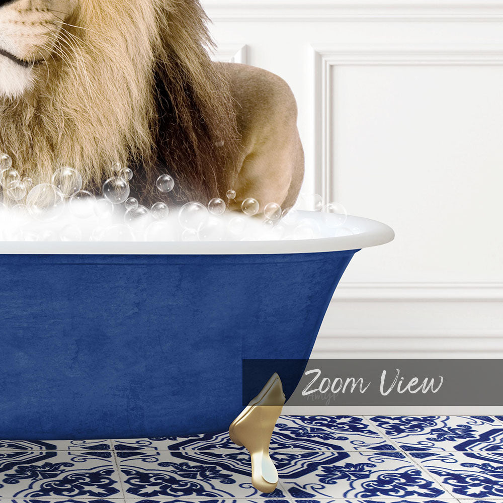 A lion is sitting in a blue bathtub filled with bubbles, creating a whimsical and playful scene.