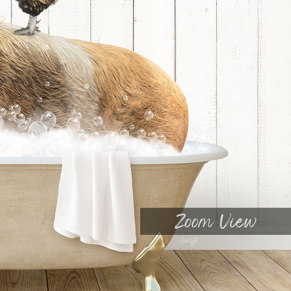 A dog is sitting in a bathtub filled with bubbles, with a towel hanging on the side and a wooden floor visible in the background.