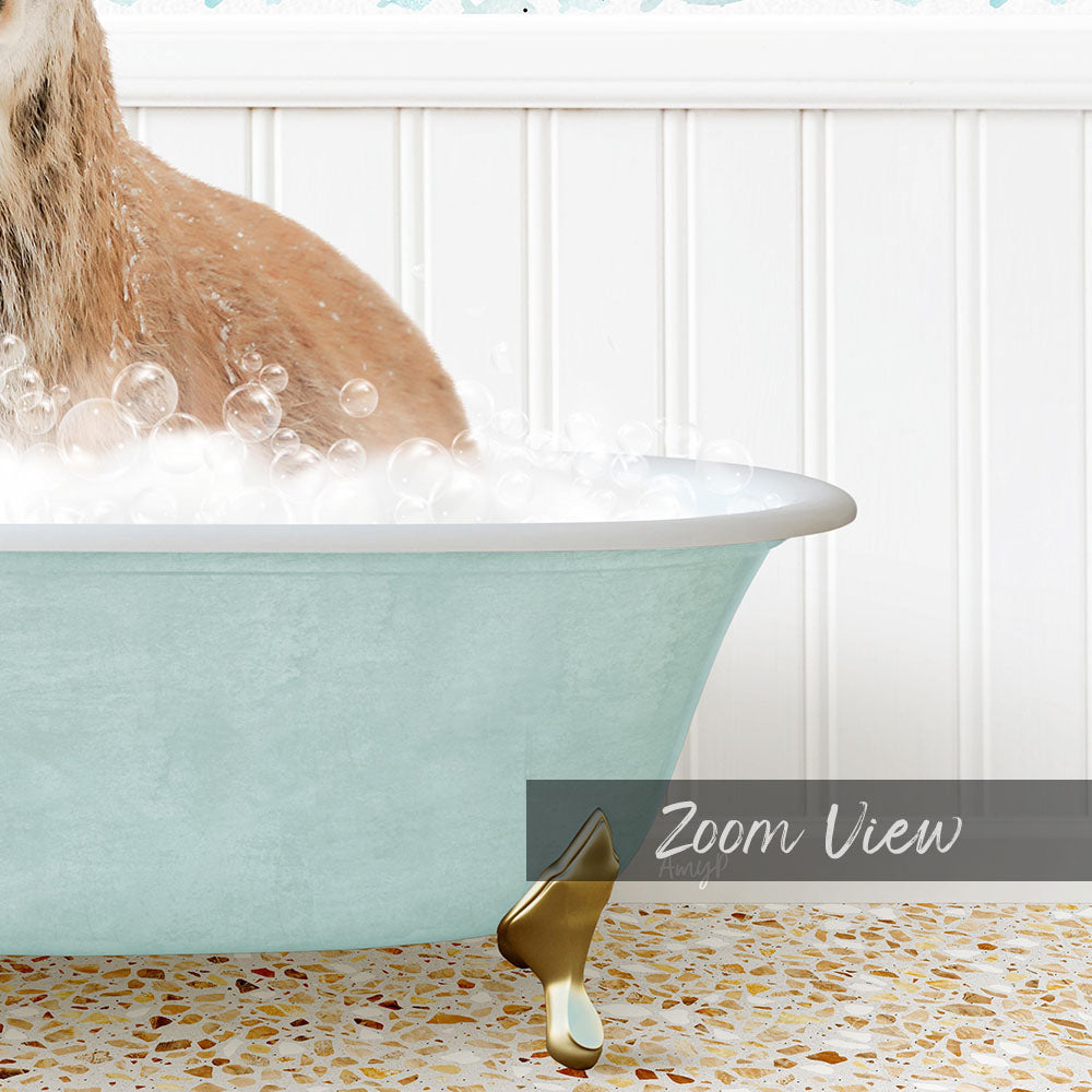 A light blue bathtub filled with bubbles, with a dog sitting inside and enjoying a bath.