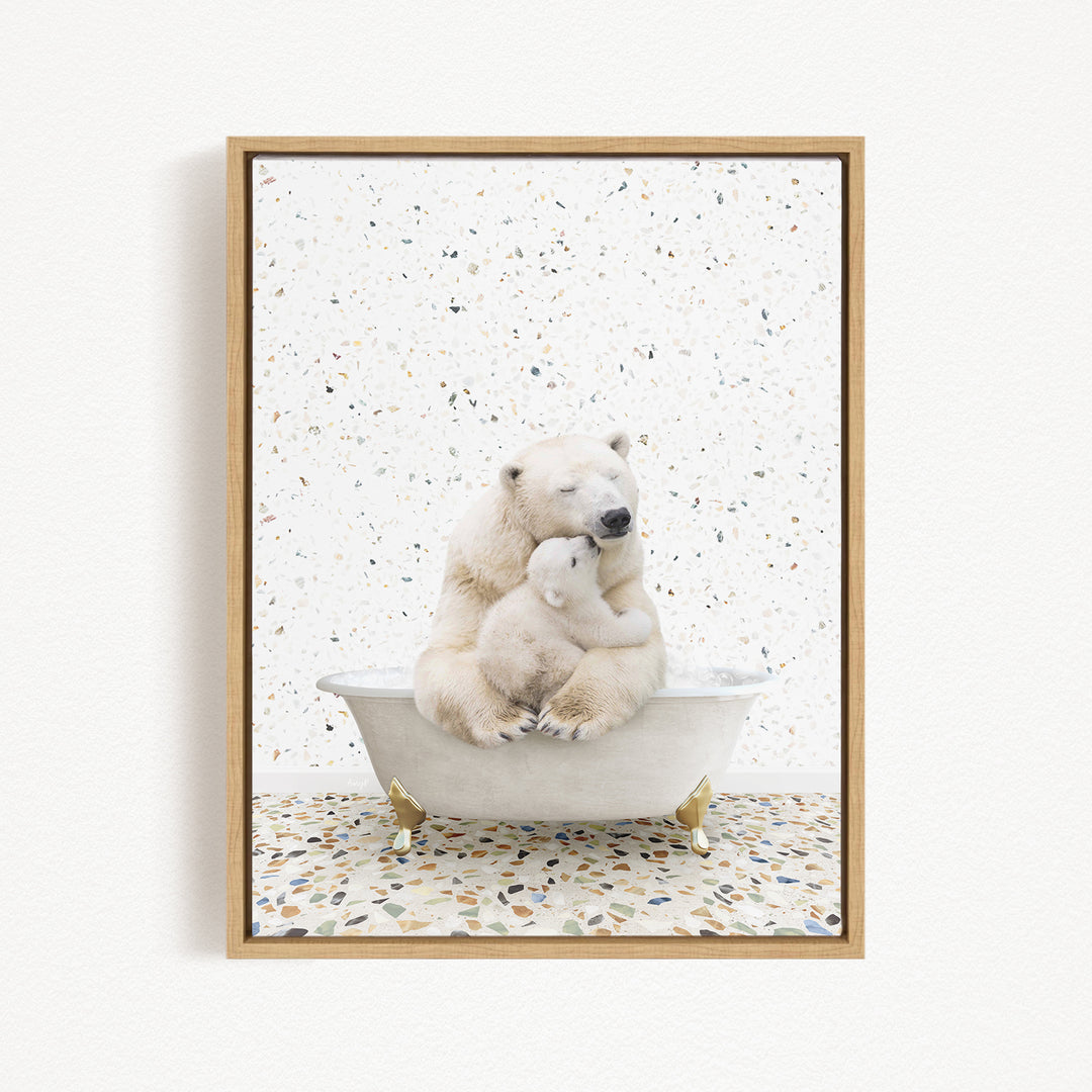 A polar bear is sitting in a bathtub, with its head resting on another polar bear.