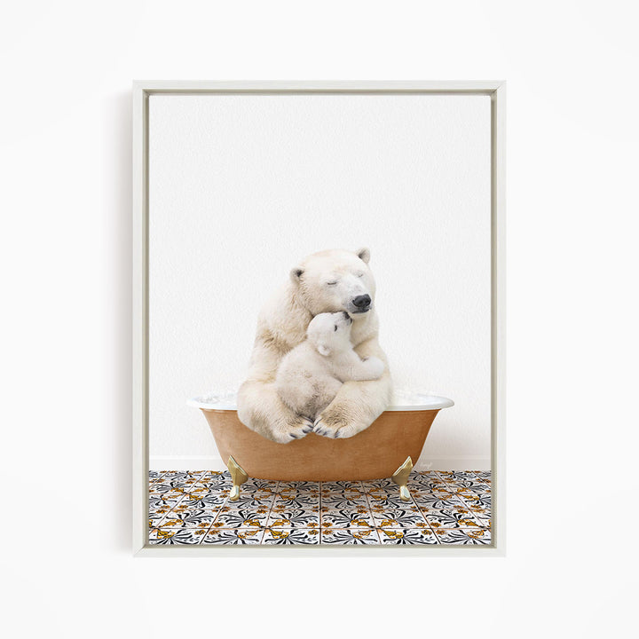 A polar bear is sitting in a bathtub, with a baby polar bear nestled next to it, creating a heartwarming scene.