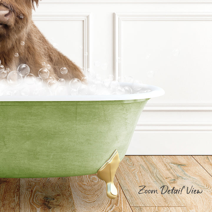A brown dog is sitting in a green bathtub filled with bubbles, with a wooden floor visible in the background.