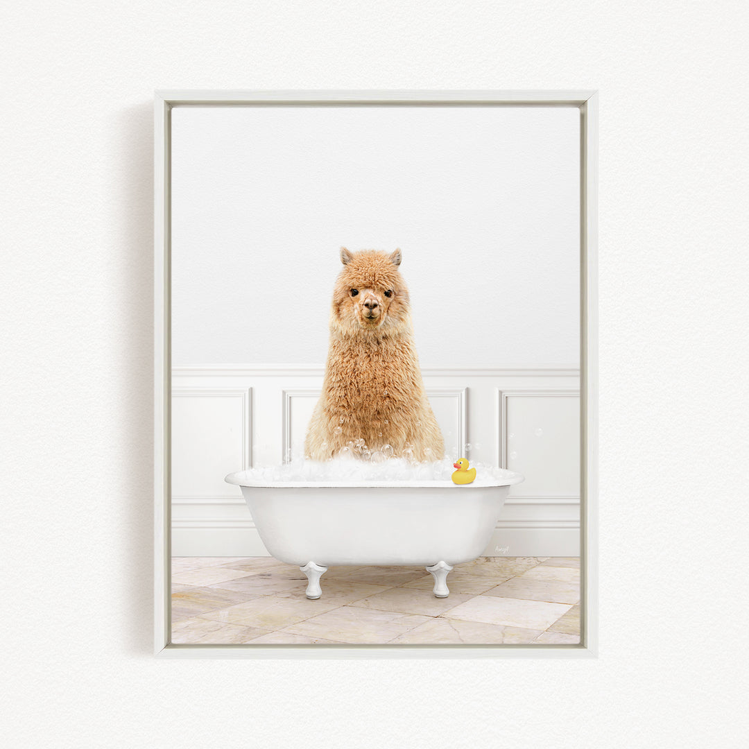 A fluffy alpaca sits in a white bathtub filled with water, with a rubber duck floating nearby.