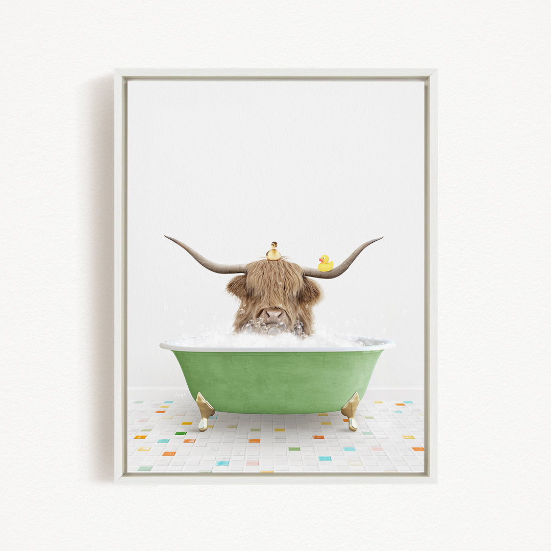 A horned animal, possibly a yak or a yak with large horns, is sitting in a green bathtub filled with bubbles, surrounded by rubber ducks.