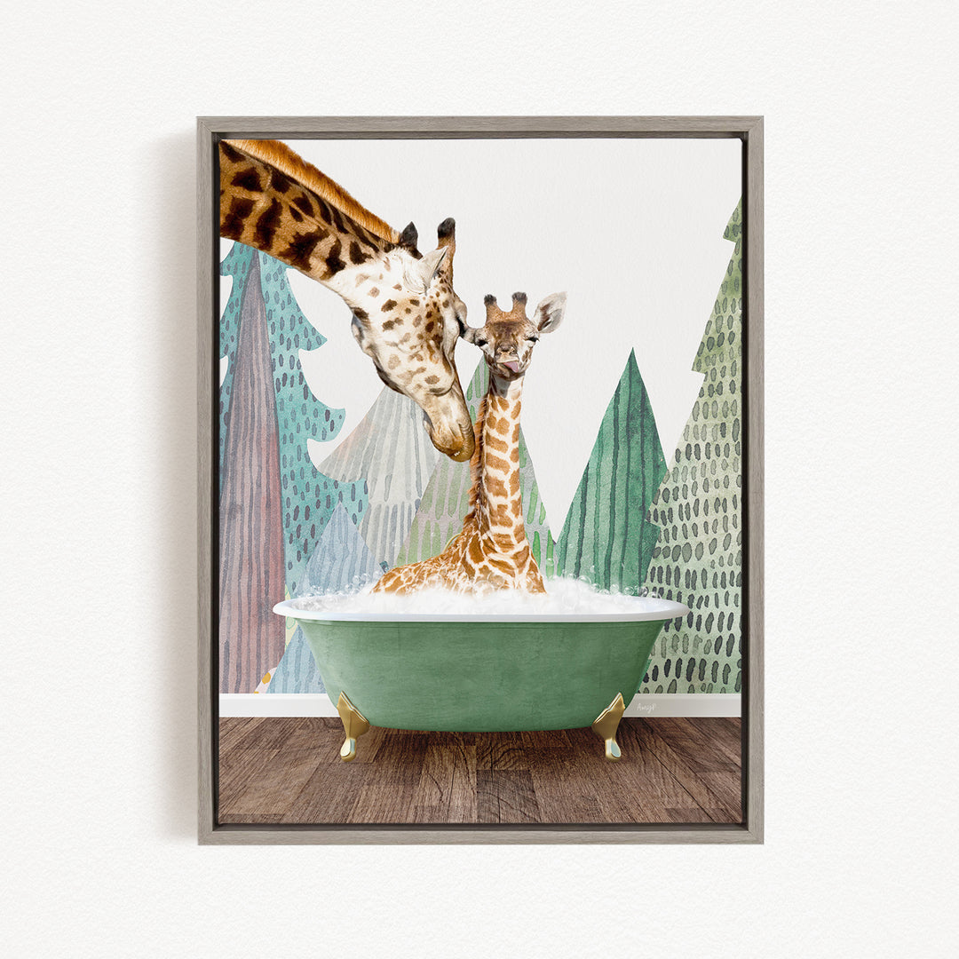 A giraffe and a baby giraffe are sitting in a green bathtub, with a forest-themed background.