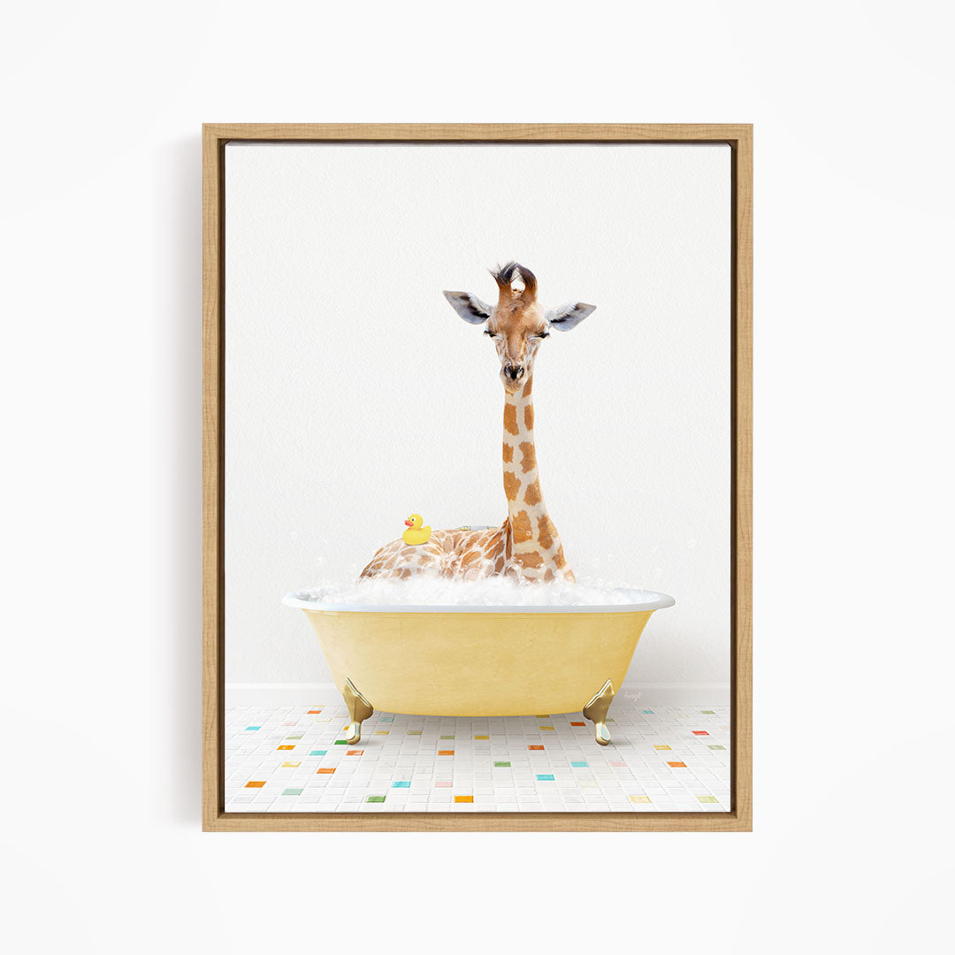 A giraffe is sitting in a yellow bathtub filled with bubbles, surrounded by a colorful tiled floor.