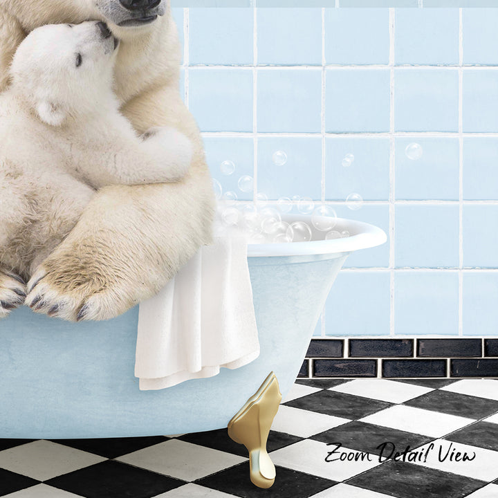 A mother polar bear and her cub cuddling in a bathtub, surrounded by bubbles, with a checkered floor and a tiled wall in the background.