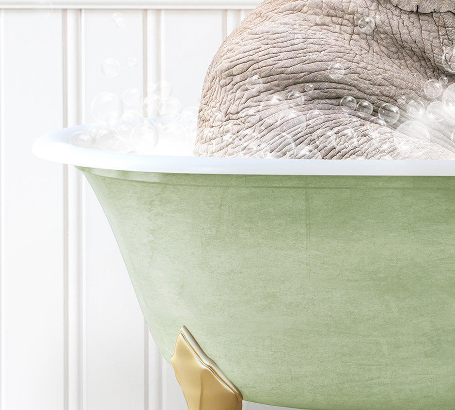 an elephant is taking a bath in a bathtub