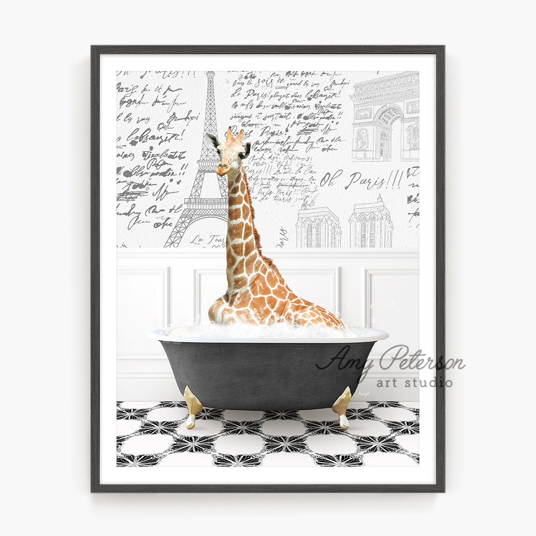 a giraffe sitting in a bathtub with writing on the wall behind it