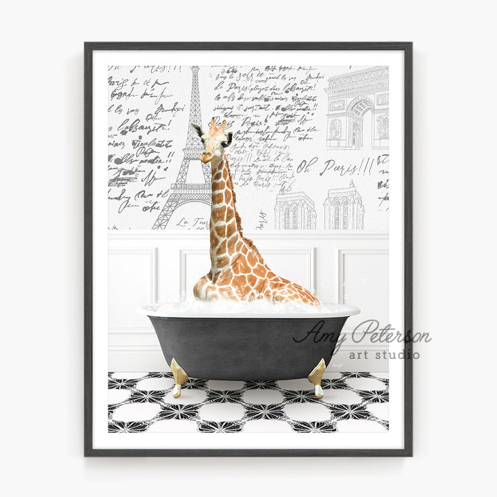 a giraffe sitting in a bathtub with writing on the wall behind it