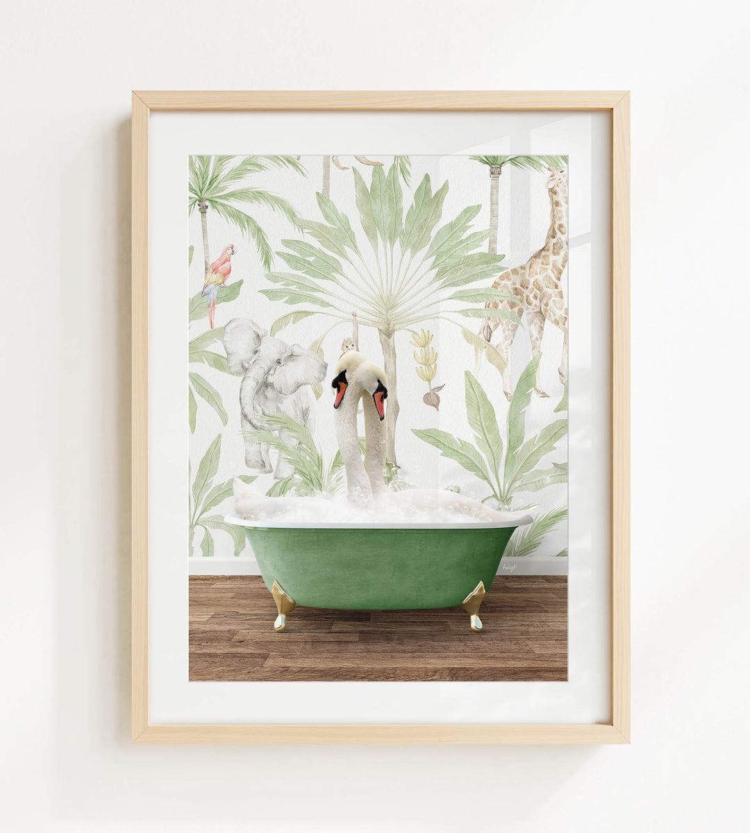 A framed print depicting a green bathtub filled with bubbles, surrounded by various animals such as a giraffe, elephant, and swans, set against a tropical wallpaper background.