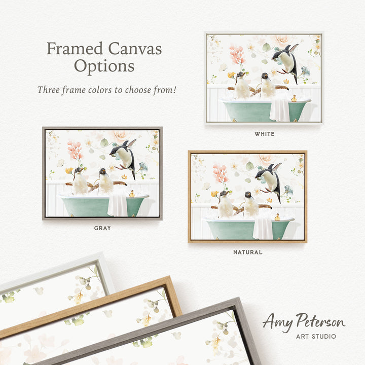 The image is a framed canvas with three different frame colors to choose from: white, gray, and natural. The canvas features a whimsical scene of penguins bathing in a green tub, surrounded by flowers and birds.