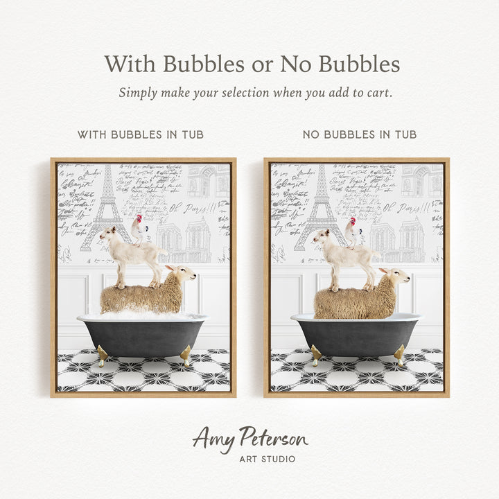 The image is a collage of two framed pictures, each depicting a sheep standing on a bathtub. The text above the images reads "With Bubbles or No Bubbles Simply make your selection when you add to cart." The text below the images says "WITH BUBBLES IN TUB" and "NO BUBBLES IN TUB."