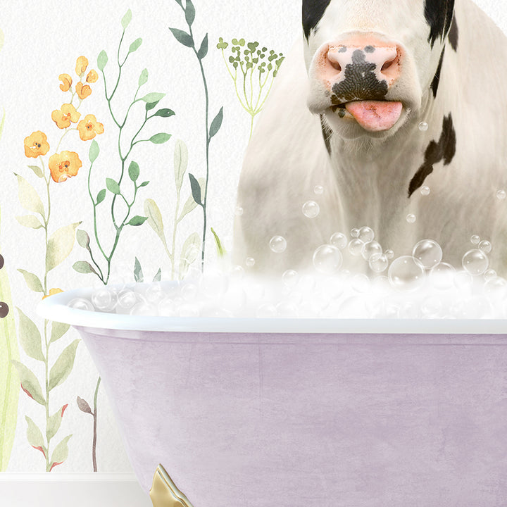 a cow sticking its tongue out in a bathtub