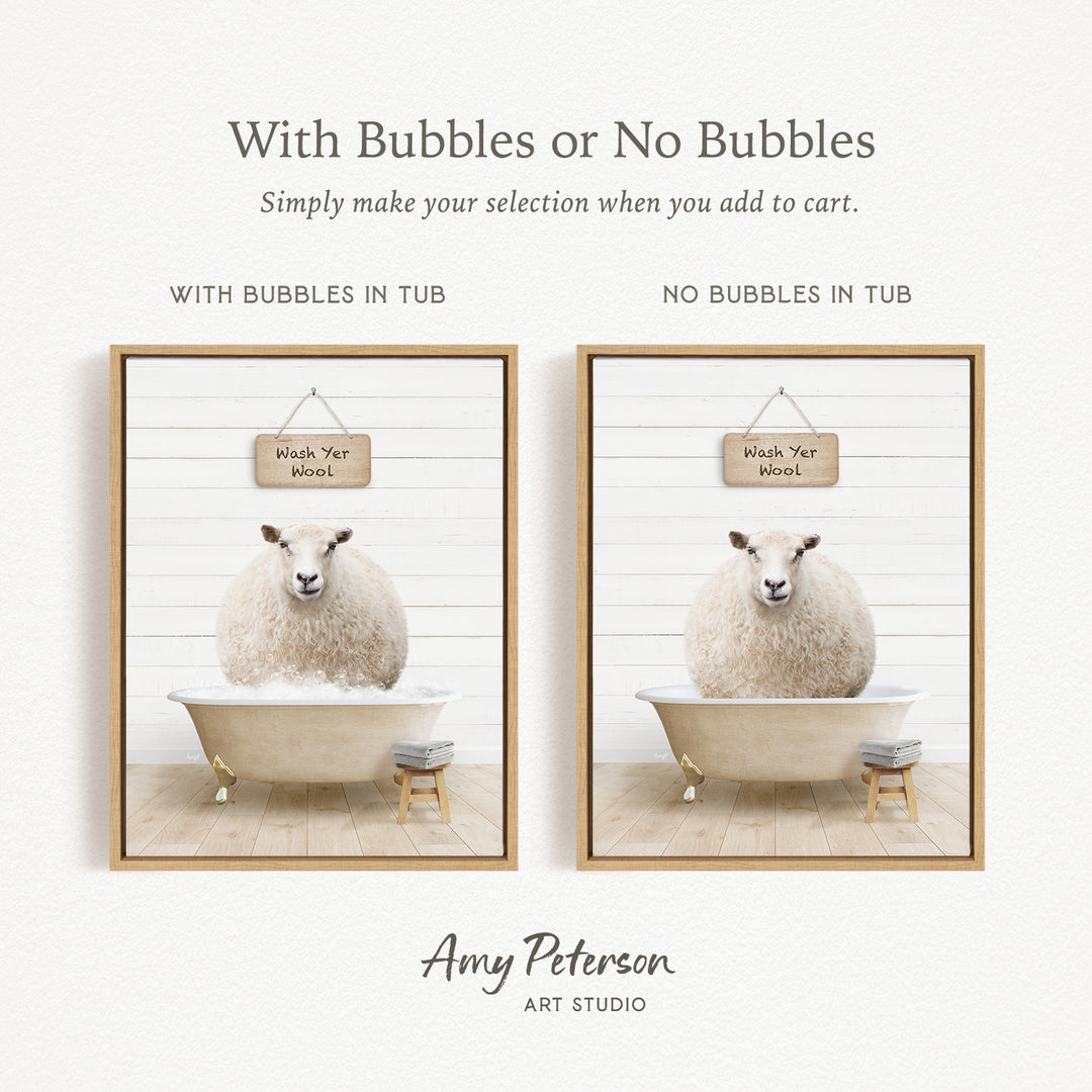 The image is a collage of two pictures, each featuring a sheep in a bathtub. The sheep in the first picture has bubbles in the tub, while the sheep in the second picture does not have bubbles. The text above the images reads "With Bubbles or No Bubbles Simply make your selection when you add to cart."