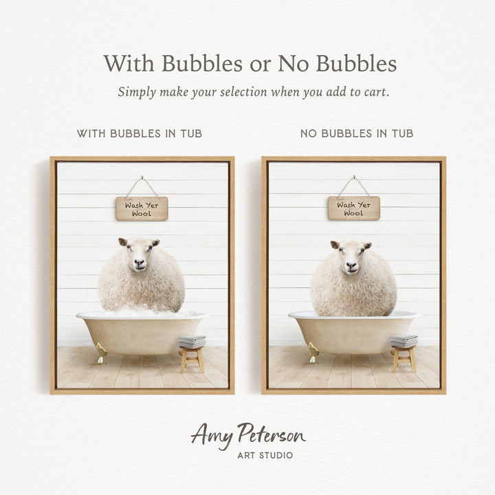 The image is a collage of two pictures, each featuring a sheep in a bathtub. The sheep in the first picture has bubbles in the tub, while the sheep in the second picture does not have bubbles. The text above the images reads "With Bubbles or No Bubbles Simply make your selection when you add to cart."