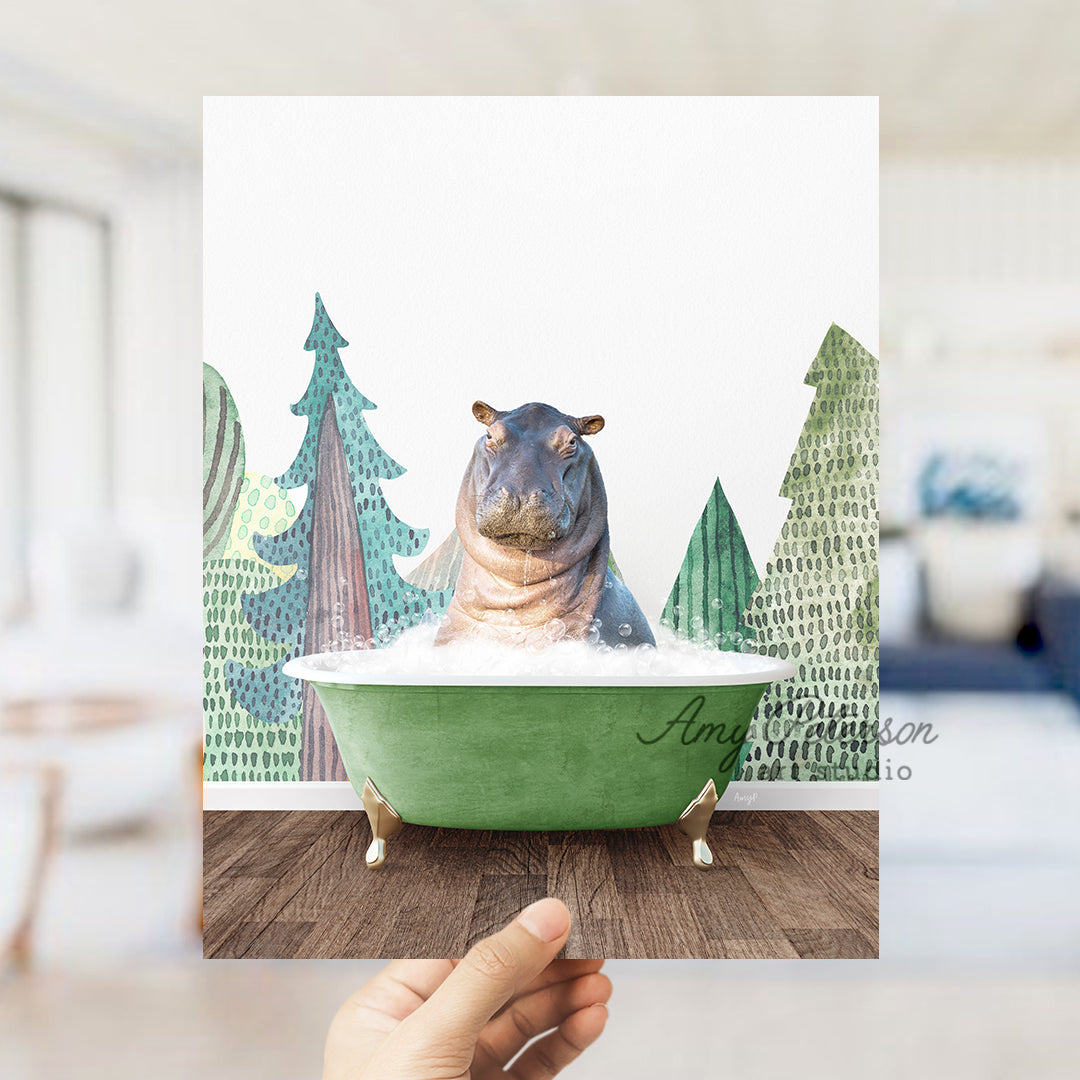 a hippo sitting in a green bathtub with trees in the background