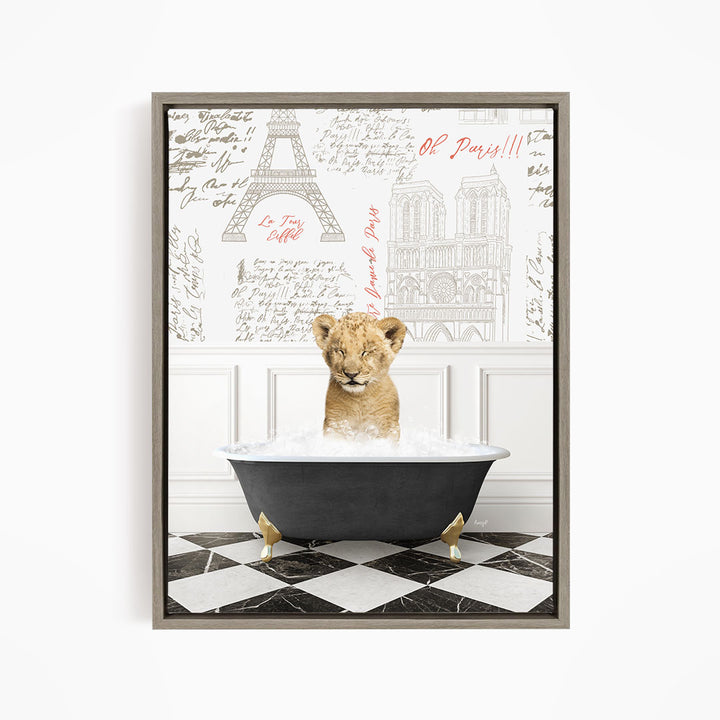A young lion cub sitting in a bathtub filled with water, surrounded by a Paris-themed background with the Eiffel Tower and other landmarks.