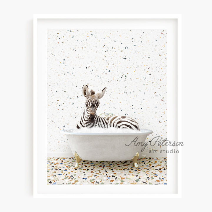 a zebra laying in a bathtub with a white background