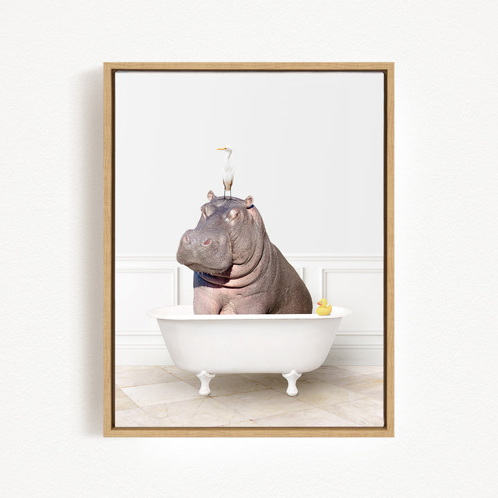A hippopotamus sitting in a bathtub, with a seagull perched on its head.
