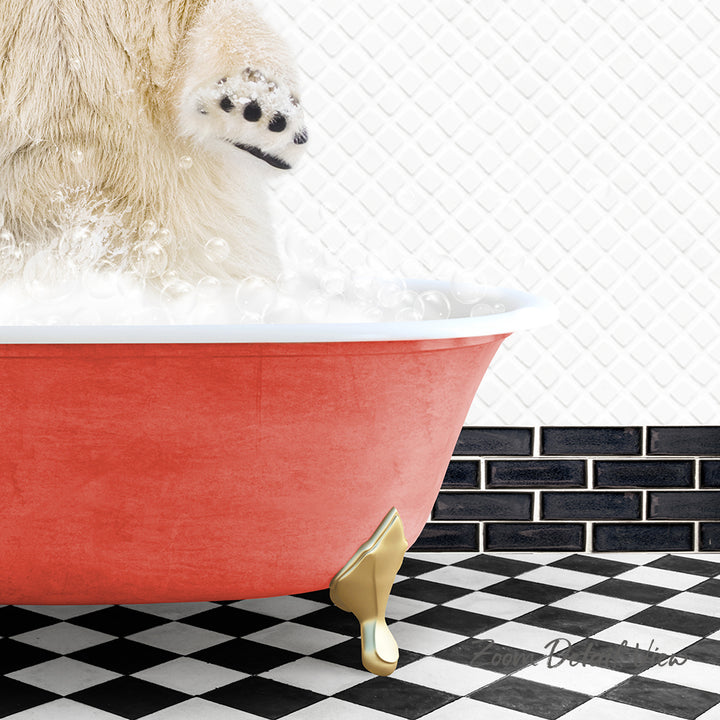 A polar bear is standing in a red bathtub filled with bubbles, with a black and white checkered floor in the background.