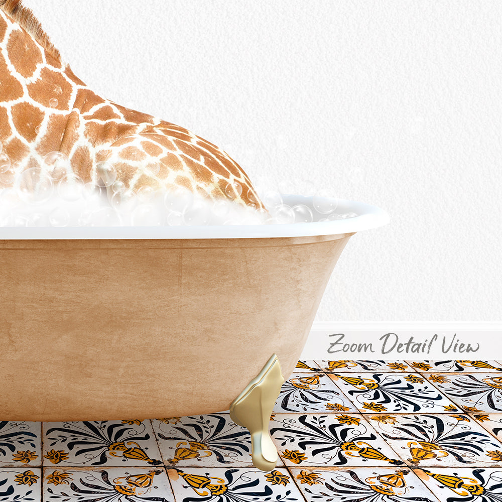 A giraffe is sitting in a bathtub filled with bubbles, surrounded by a patterned tile floor.