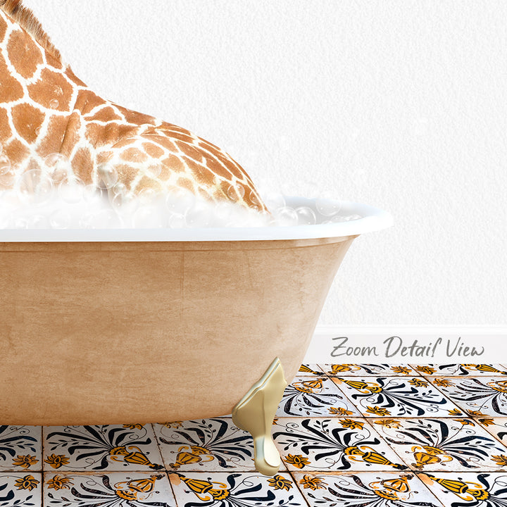 A giraffe is sitting in a bathtub filled with bubbles, surrounded by a patterned tile floor.
