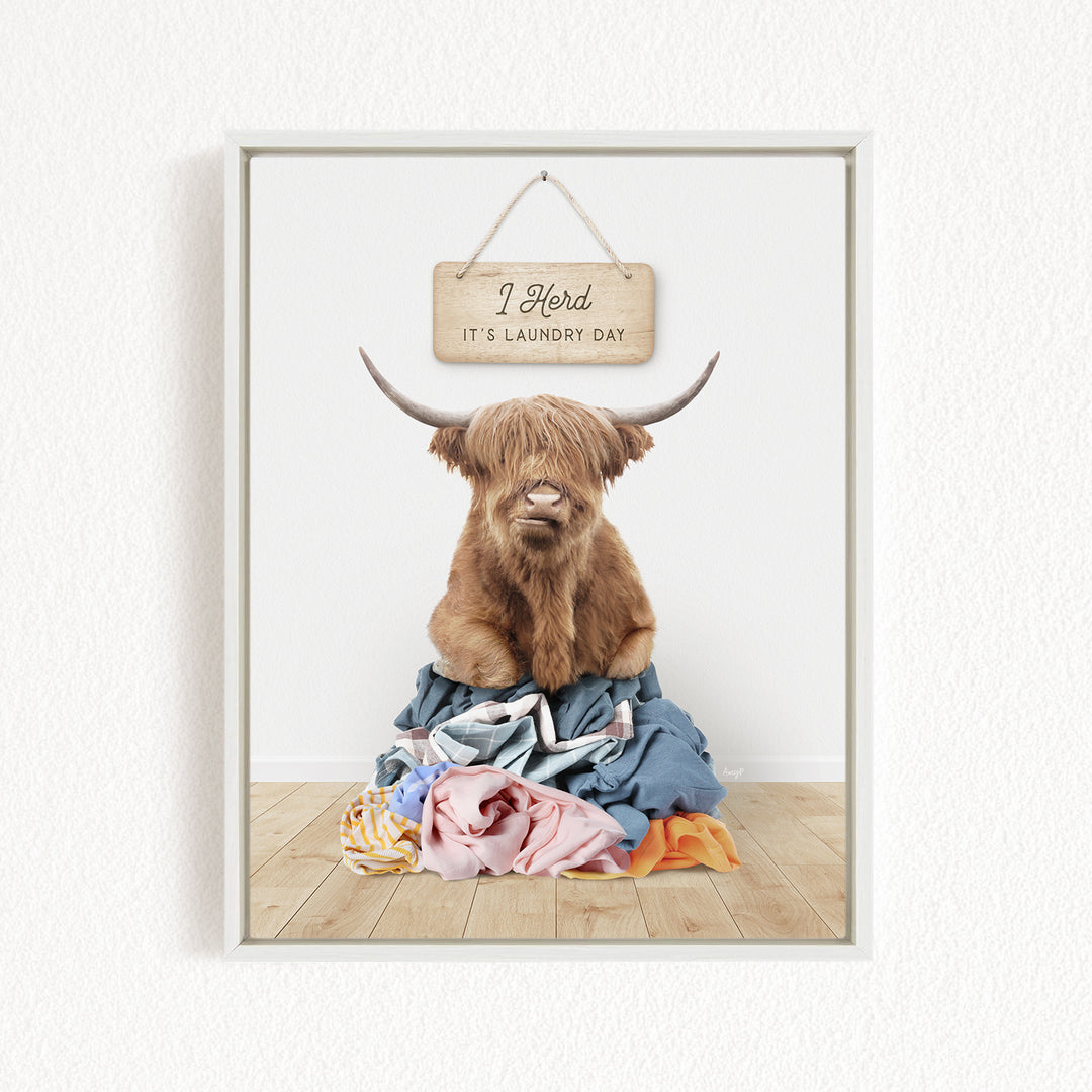 A framed image of a Highland cow with large horns sitting atop a pile of laundry, with a sign above that says "I herd it's laundry day".