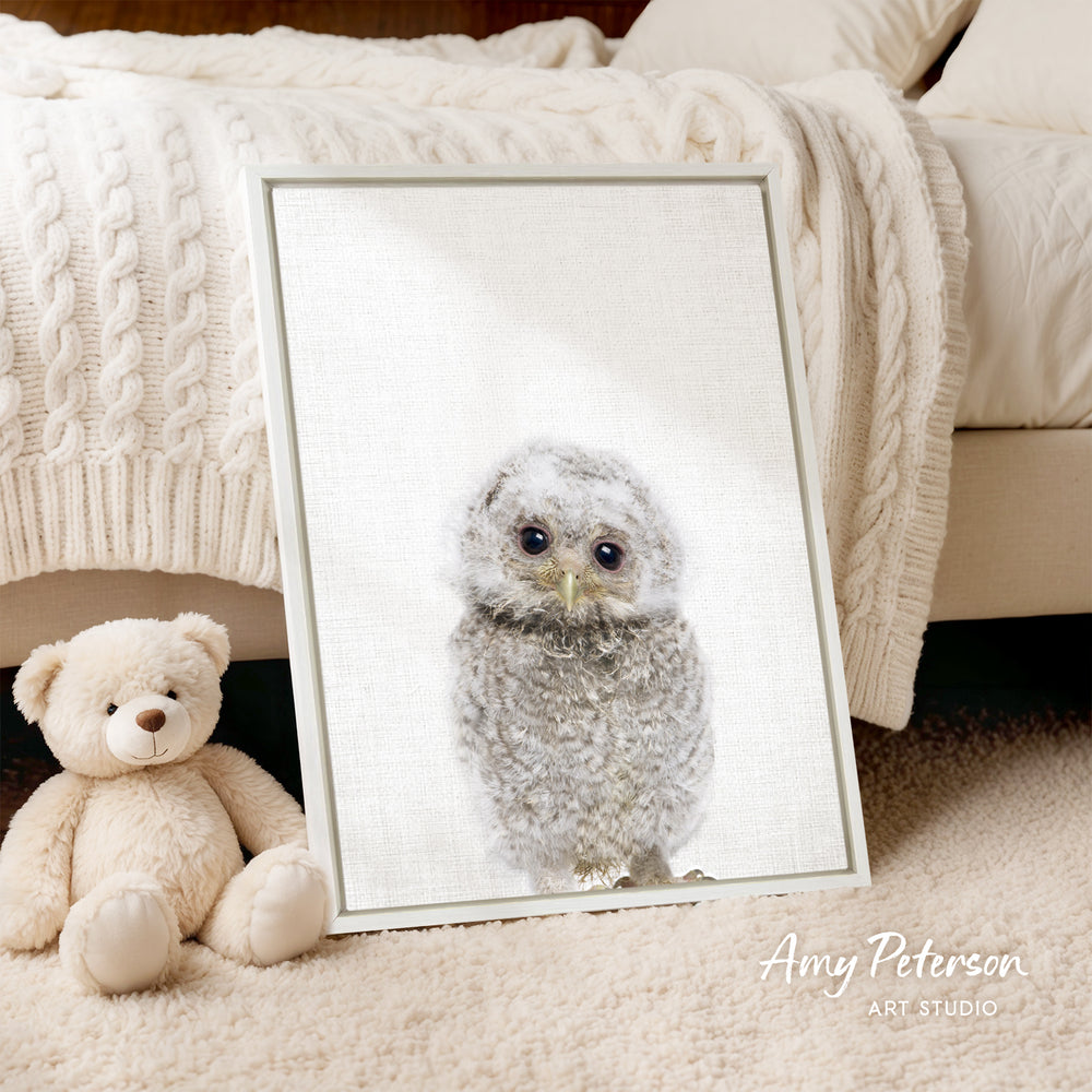 A framed print of a baby owl is displayed on a beige blanket, with a teddy bear sitting next to it on a carpeted floor.