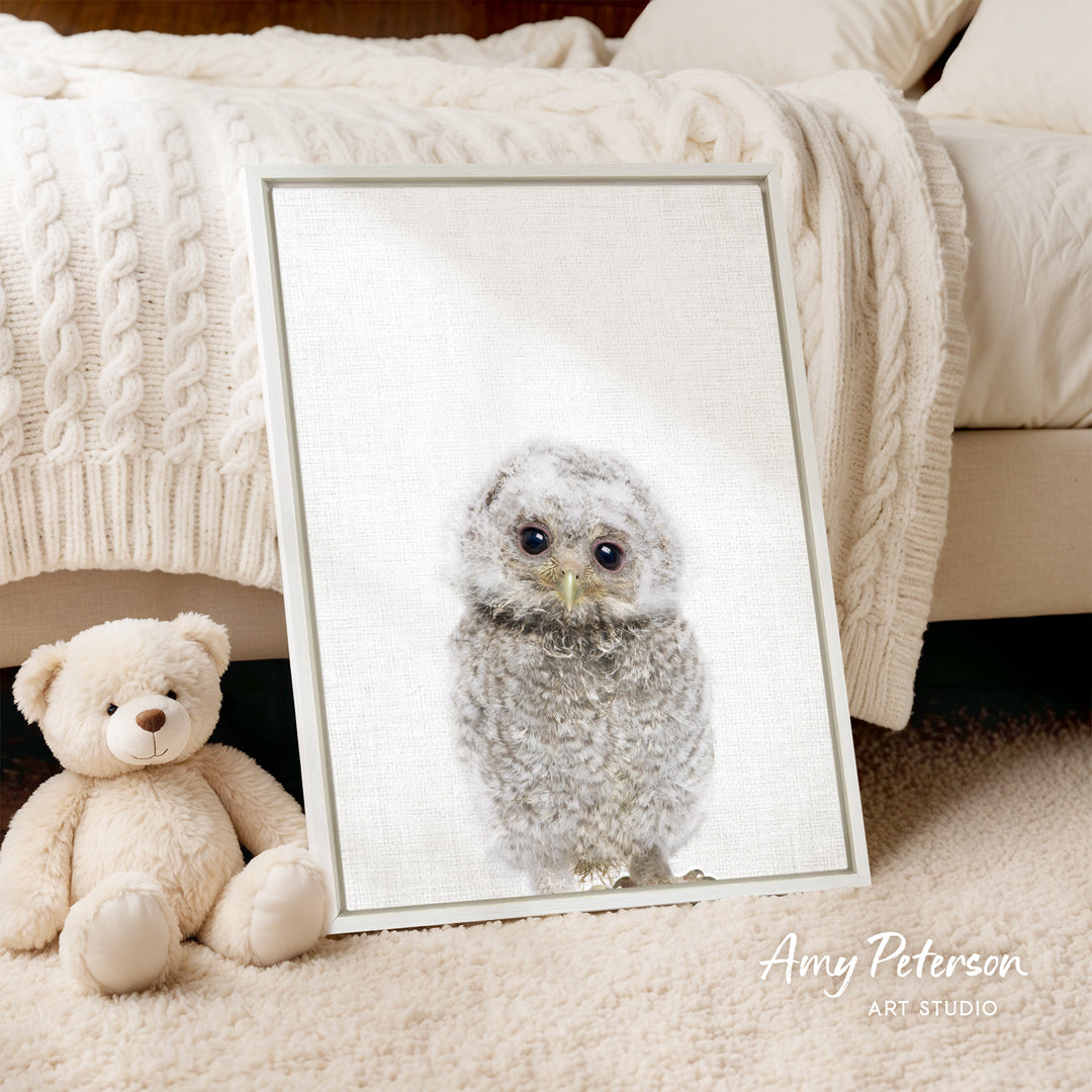A framed print of a baby owl is displayed on a beige blanket, with a teddy bear sitting next to it on a carpeted floor.