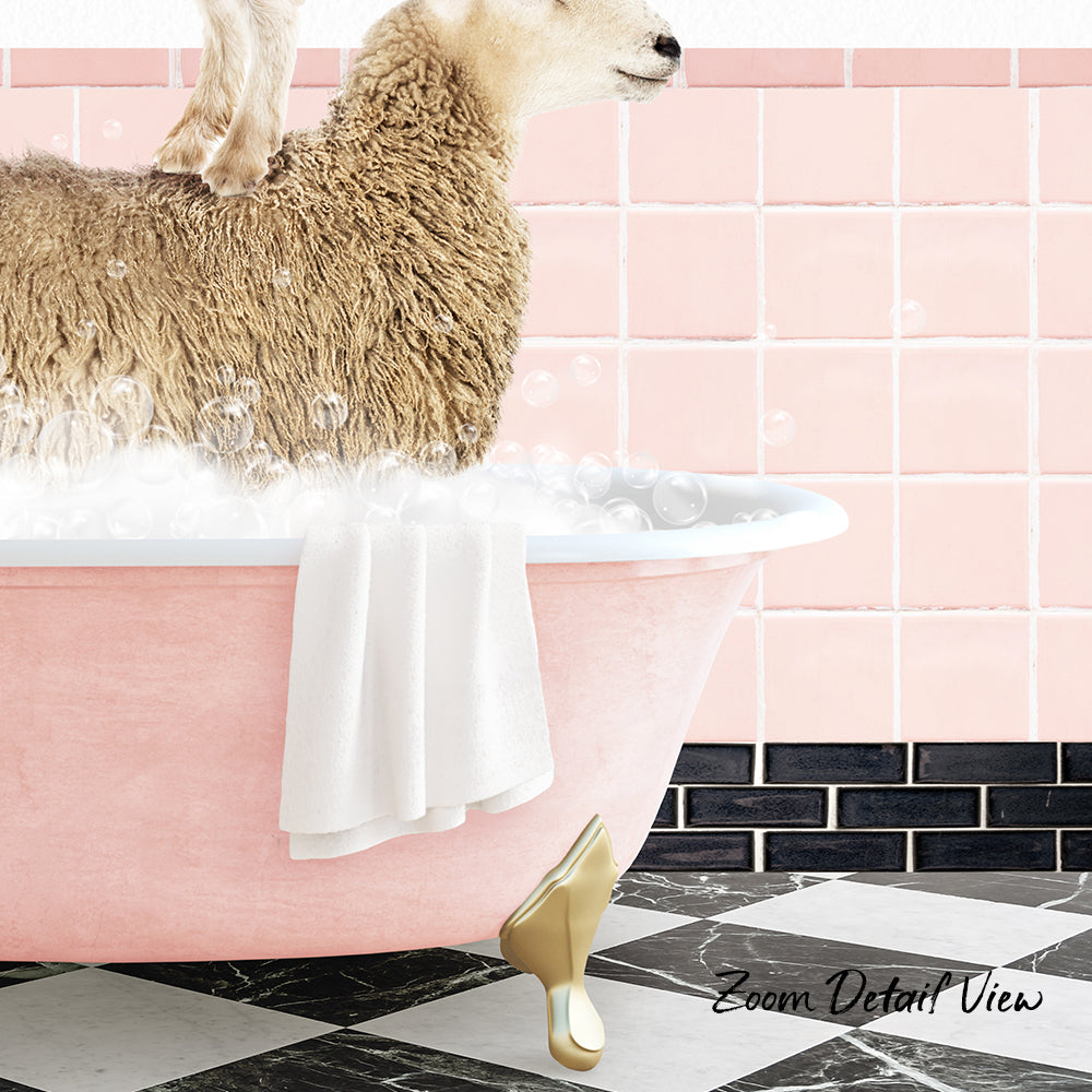 A sheep is sitting in a pink bathtub filled with bubbles, with a towel hanging on the side and a pink tile wall in the background.