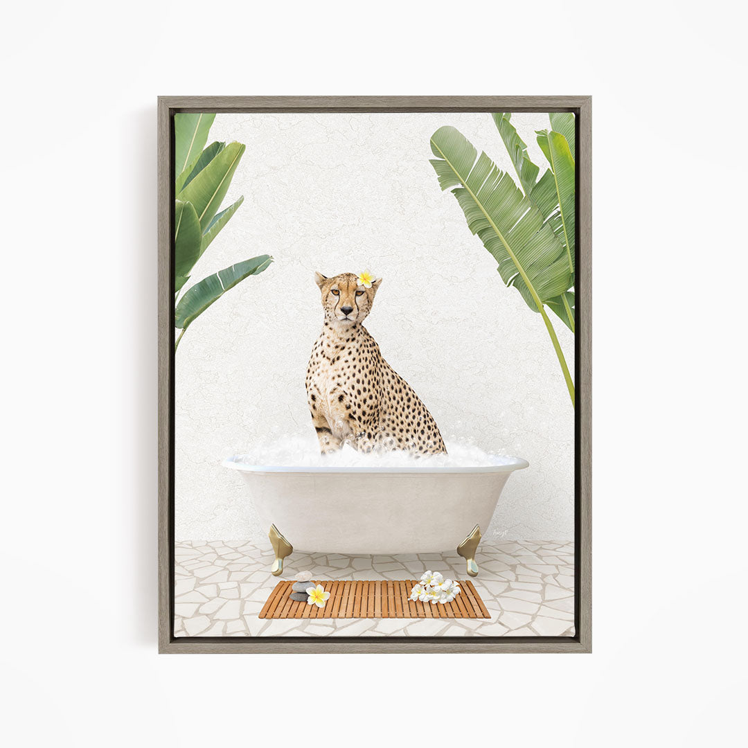 A leopard sits in a white bathtub filled with water, surrounded by tropical plants and flowers.