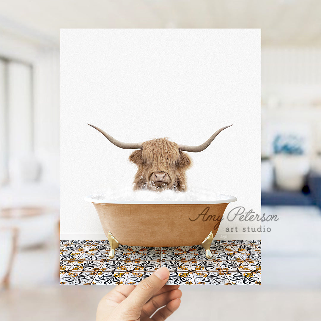 a person holding a card with a picture of a bull in a bathtub