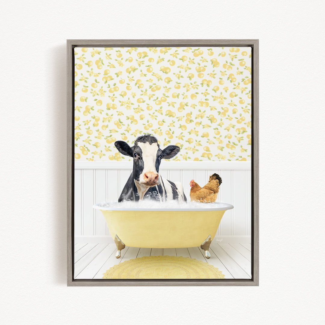 A cow and a chicken are sitting in a yellow bathtub, with a yellow and white floral wallpaper in the background.