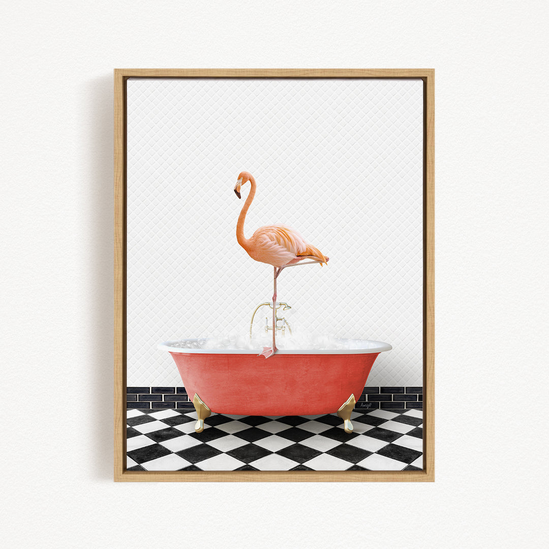 A pink flamingo standing on the edge of a red bathtub filled with water, set against a black and white checkered floor.