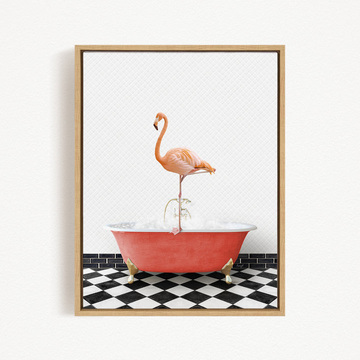 A pink flamingo standing on the edge of a red bathtub filled with water, set against a black and white checkered floor.